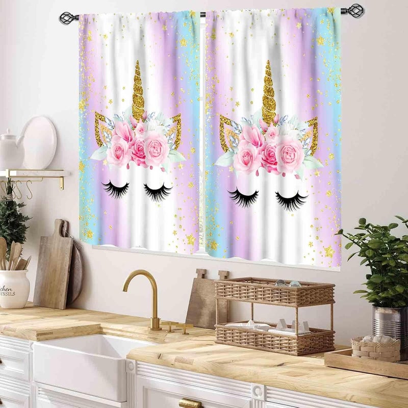 TKUYO Unicorn Curtains for Girls Bedroom, Ombre Rainbow Pink Gold Princess Unicorn Colorful Blackout Drpaes for Girls Kids Baby Room Living Room Nursery Window Treatments 2 Panels Sets, 55x39 Inch - Image 2